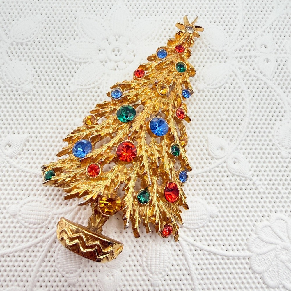 Vintage Retro 60s Arthur Pepper ART Christmas Tree Gold Tone Rhinestones Brooch